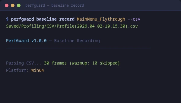 PerfGuard CLI recording a baseline with aggregated stats