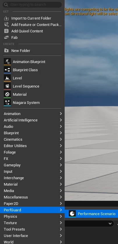 Content Browser context menu showing PerfGuard > Performance Scenario option