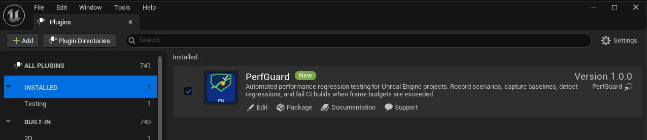 UE5 Plugins window with PerfGuard enabled under the Installed category