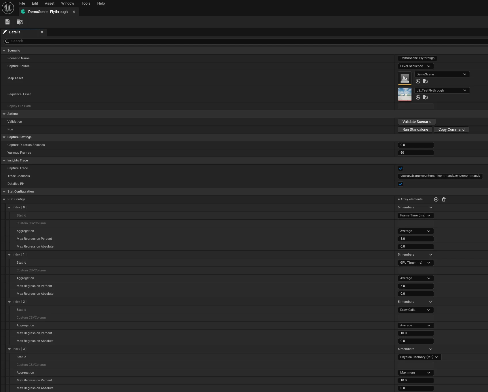 PerfGuard scenario details and results in Unreal Editor