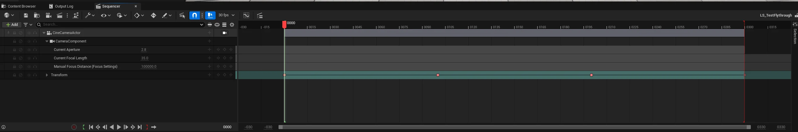UE5 Sequencer showing CineCameraActor with Transform keyframes on LS_TestFlythrough